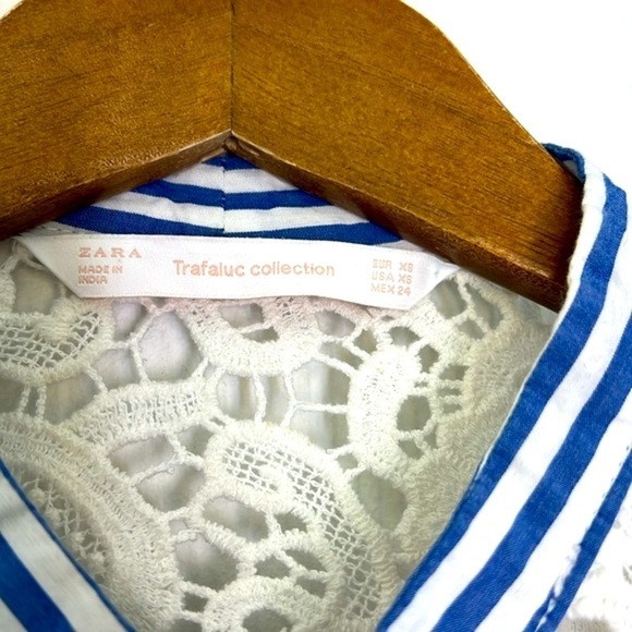 Zara - Lace Design Blue And White Stripe Button Down Long Sleeve Top Size XS - Picture 9 of 11